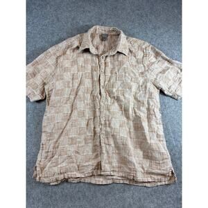 R&R Casuals Mens Button Up Shirt Brown Linen Check Short Sleeve Camp Resort XL